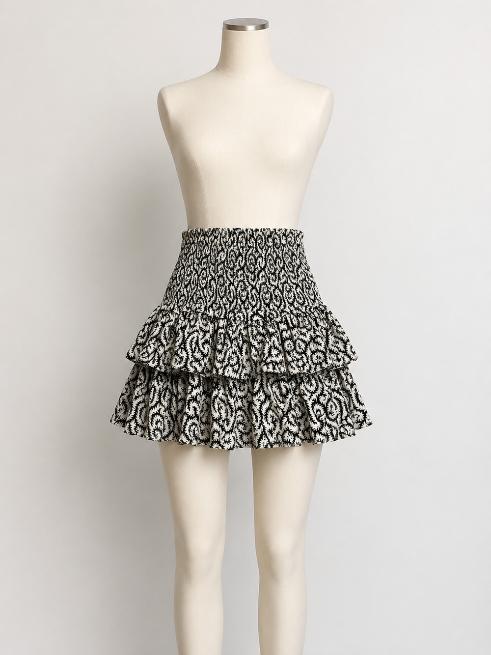 Isabel Marant Étoile Boho Tiered Ruffle Mini Skirt Black Cream Size 36/XL